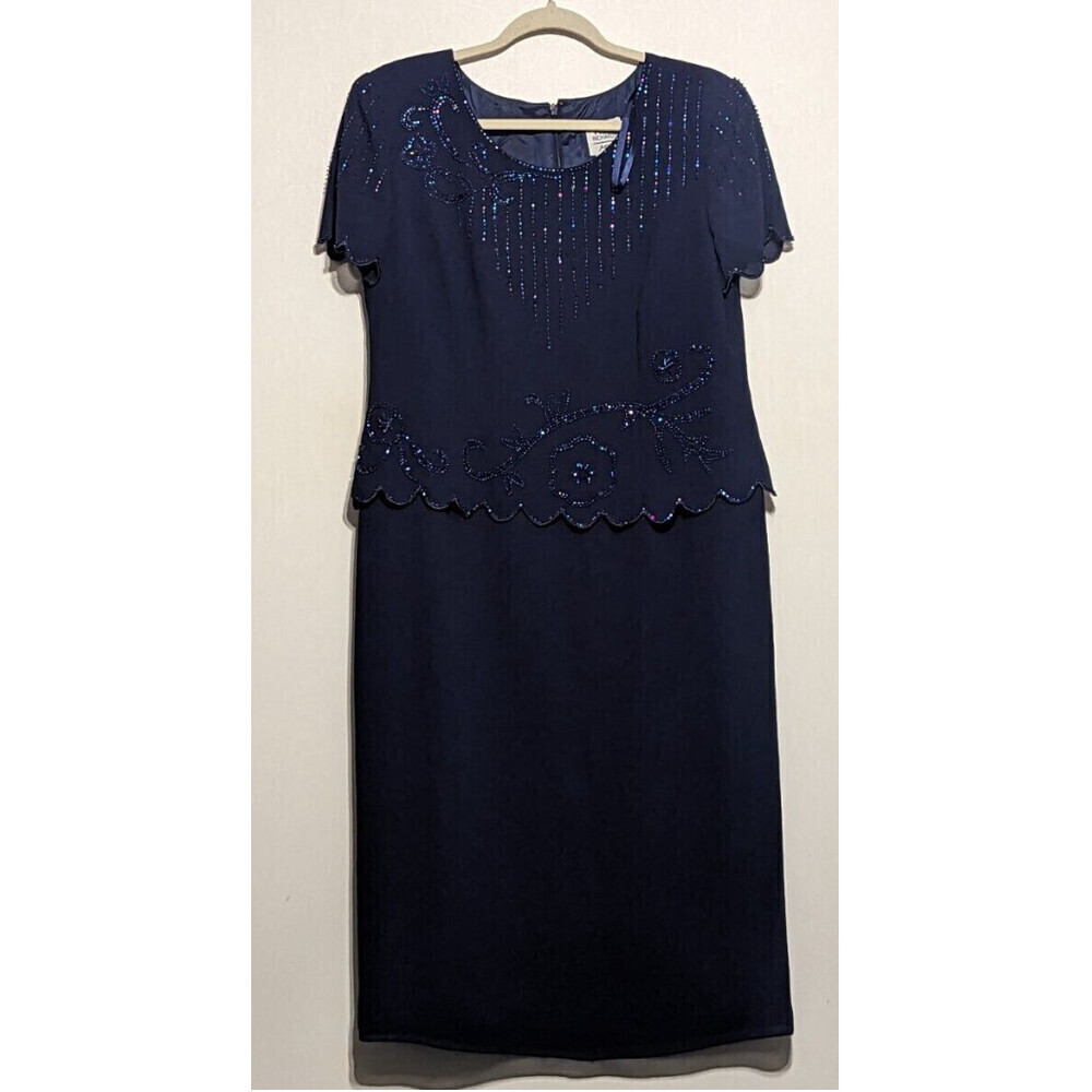 R&M Richards Vintage Navy Blue Beaded Formal Midi Dress - Size 10P